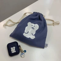 ins concise printing cute bear pencil cese cosmetic bag large capacity student canvas drawstring storage bag school stationery