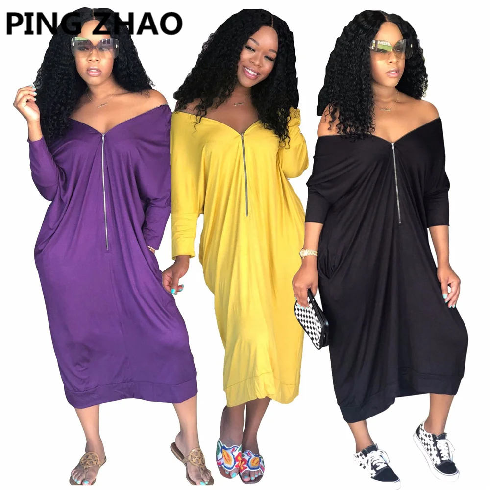 

PING ZHAO New Spring And Summer Fashion Loose Dress Woman Solid Color Long Sleeve Front And Rear Zipper Line Neck Casual Dresses