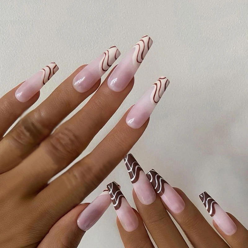 

24 шт. 2 цвета волнистые патчи для ногтей тип клея съемный длинный абзац Модный маникюр сэкономить время накладные ногти патчи