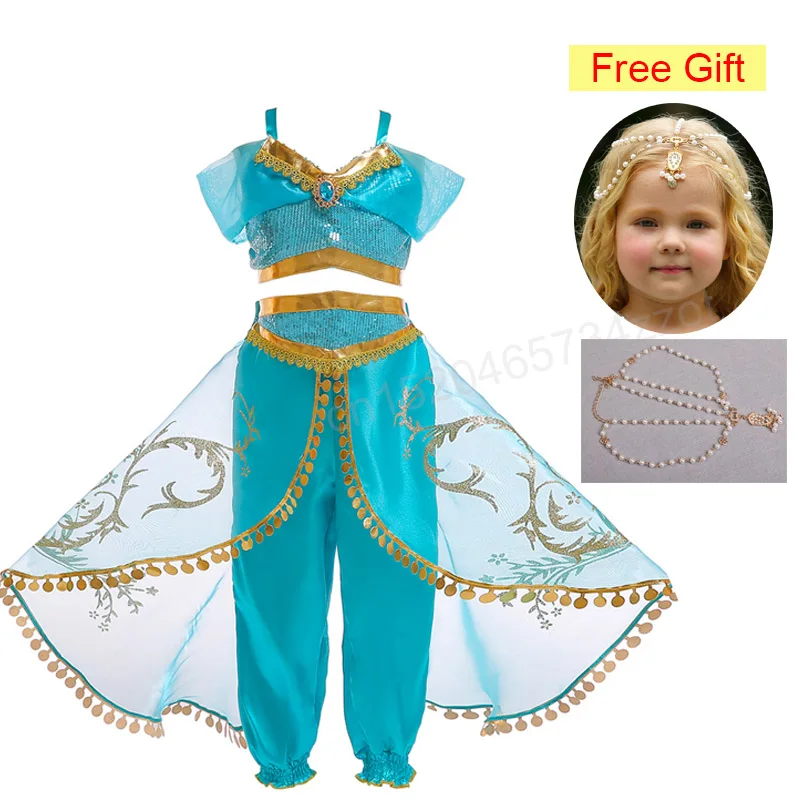 Jasmine Dress-3 Принцесса Жасмин платье Аладдин волшебная лампа девушки косплей костюм необычные дети танцевальная одежда Комплект топ брюки и платье для ребенка - Цвет: Jasmine Dress-3