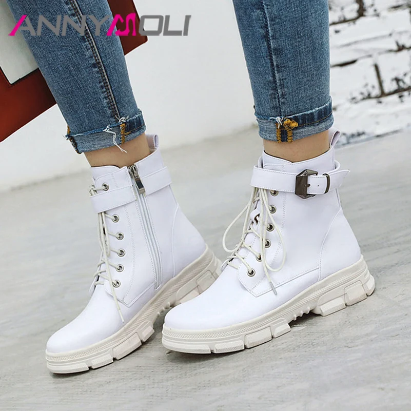 

ANNYMOLI Motorcycle Boots Women Platform Flat Ankle Boots Zipper Round Toe Short Boots Female Shoes Autumn Winter White Size 43