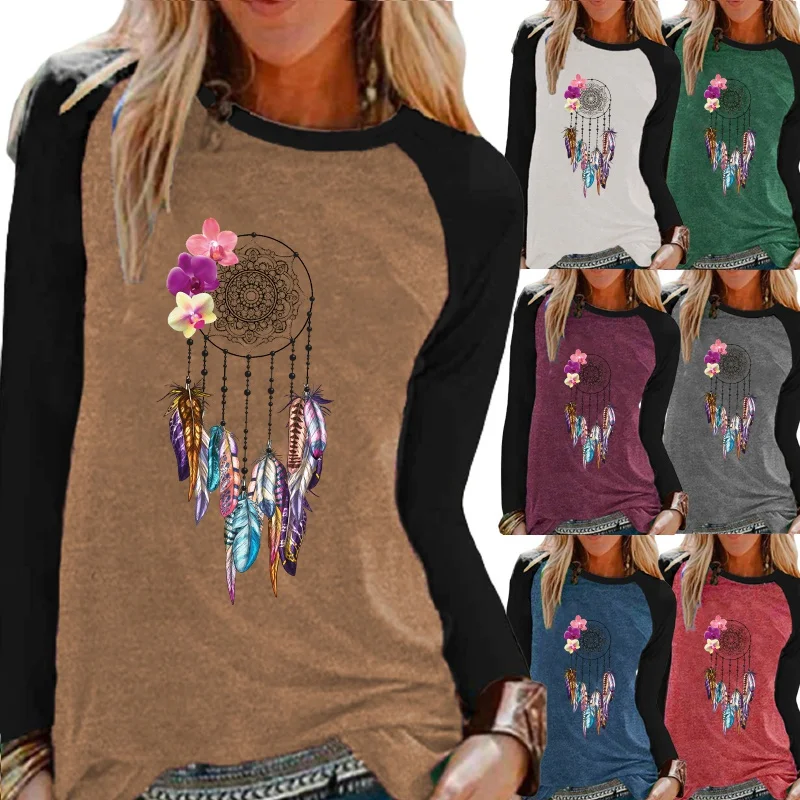 

Ladies Autumn/winter New Style Casual Long-sleeved Shirt Fashion Dream Catcher Print Shirt Loose Round Neck Plus SizeTops XS-5XL