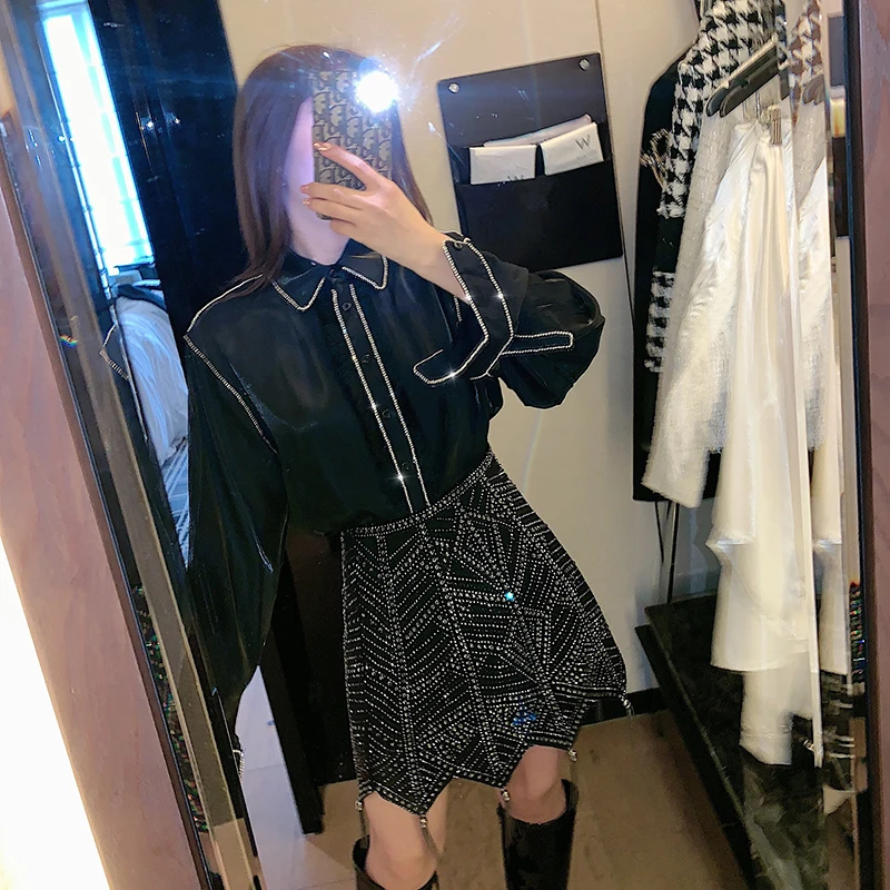 

Heavy Industry Full of Rhinestone Tassel High Waist Skirt Women Sparkling Hot Drill Short Skirts 2020 Spring Fall Hip Wrap Skirt