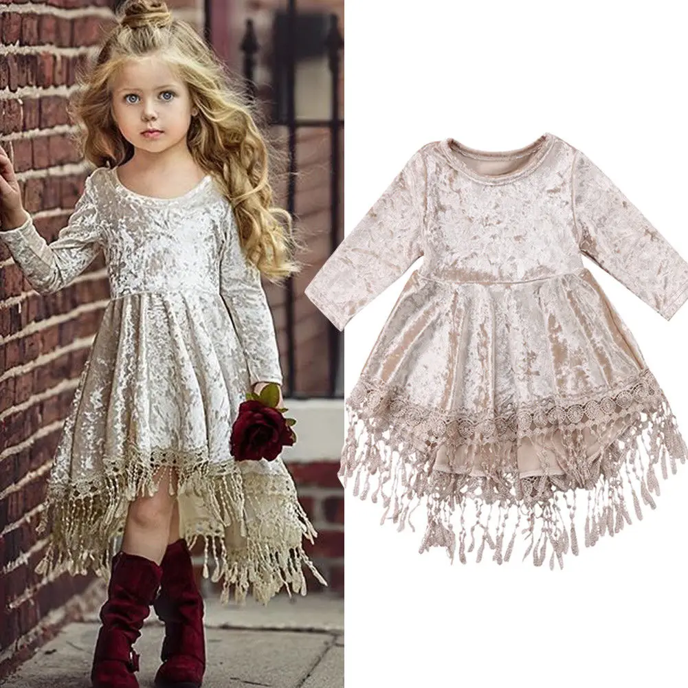 

2021 Princess Baby Kids Flower Girls Dress Velvet Pageant Party Long Sleeve Tassel Cute Tutu Dresses Girl 6M-5T