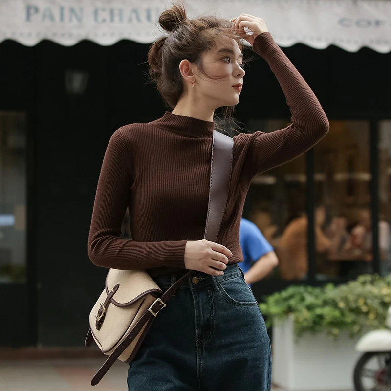 

Осенне-зимний однотонный кашемировый свитер для женщин, вязаный свитер с длинным рукавом и высоким воротником, Женский приталенный базовый...