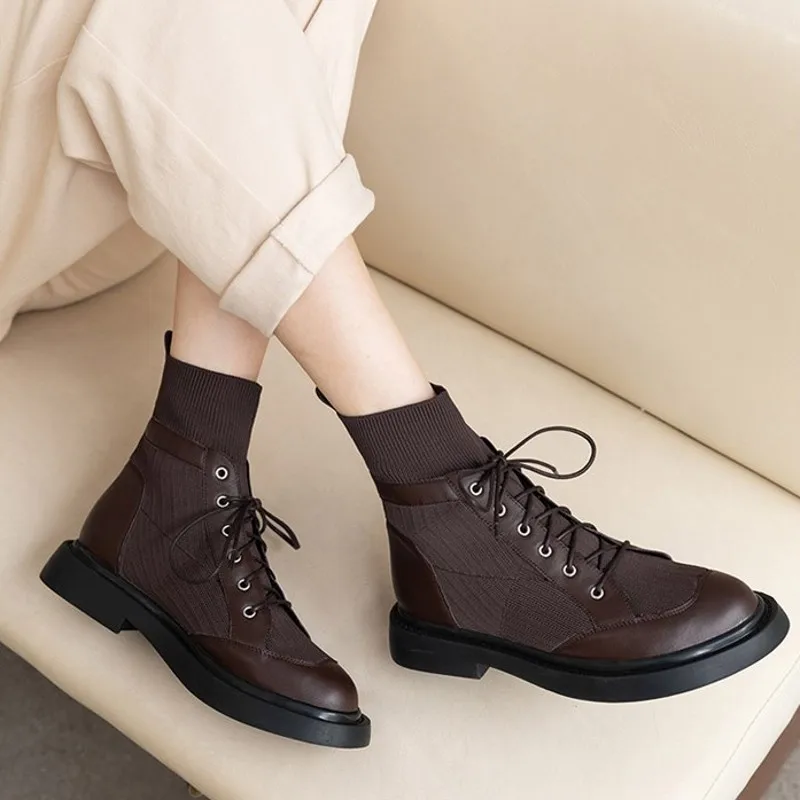 

Autumn Winter New Genuine Leather Patchwork Stretch Socks Boots Streetwear Round Toe Lace Up Casual High Top Motorcycle Boots