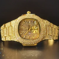 missfox timer auto date quartz watches man full diamond gold luxury stainless steel waterproof men wristwatch reloj de hombre