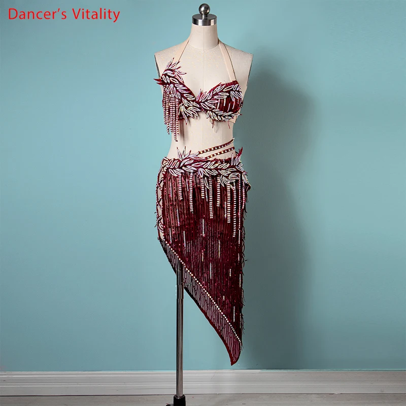 

Belly Dance Performance Set AB Stones Bra fringe Short Skirt Competition Clothes Custom Adult Child Suit Performance Clothing