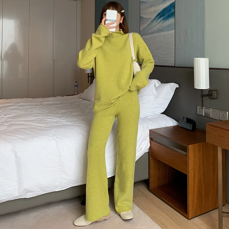 

Elegant Warm Knitting Pant Sets For Women Autumn Winter Casual Solid Color Turtleneck Sweater Pullovers Top + Wide Leg Pants