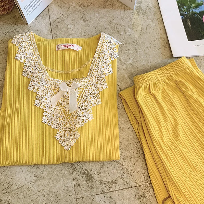 Pajamas Women's Summer Short Sleeve Trousers Lace Princess Sweet Cotton Sleepwear Loose Pit Strip Thin Home Suit Nightwear