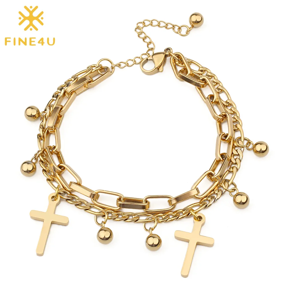 Браслет с крестом из нержавеющей стали FINE4U B272 двухслойный браслет цепочка Фигаро