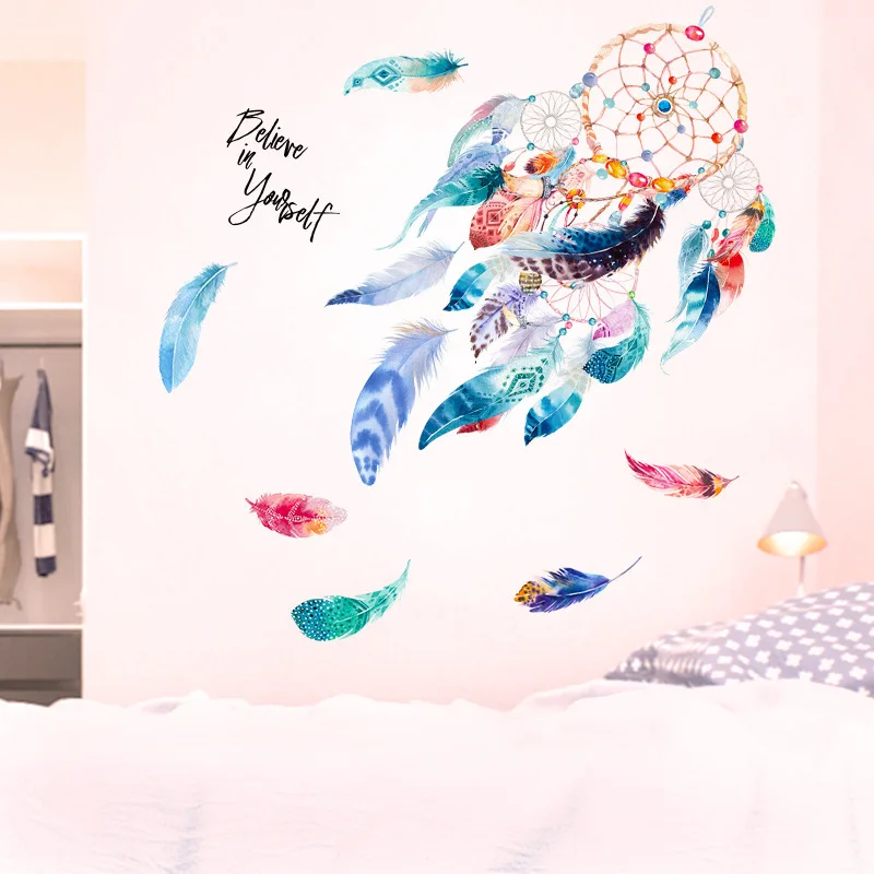 Горячая 3D Ловец снов Настенные Стикеры красочные перья страуса для Гостиная
