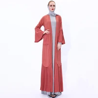 turkish arab middle east clothing pleated flared sleeve long dress cardigan stitching muslim islamic women robe lace up jacket