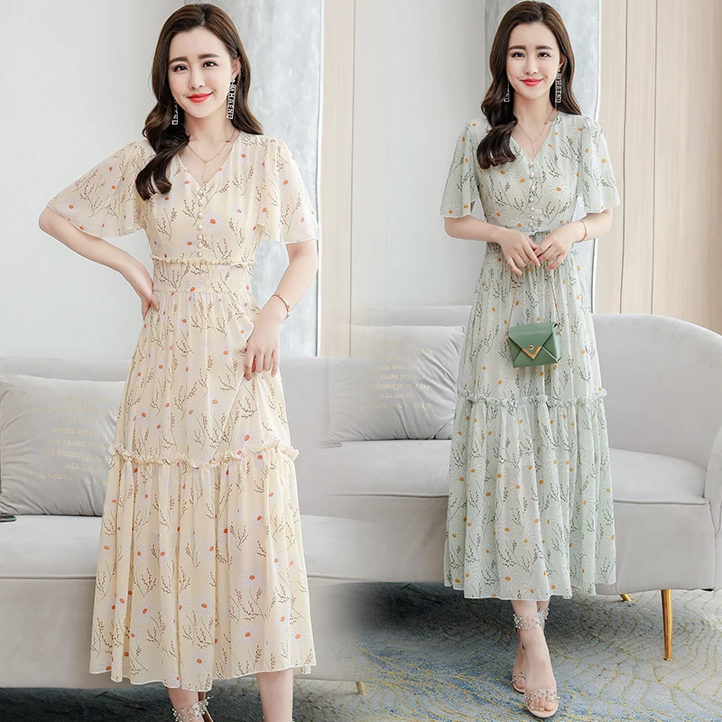 Женское шифоновое платье с V-образным вырезом длинное цветочным принтом и