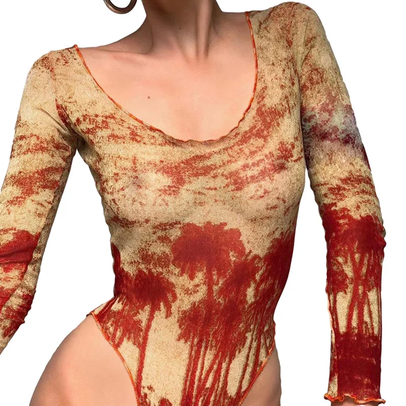 

Tie Dye Sexy Ladise Playsuits 2021 Spring Autumn Bodycon Skinny Long Sleeve O Neck Fashion Bodysuits Streetwear Outfits Rompers