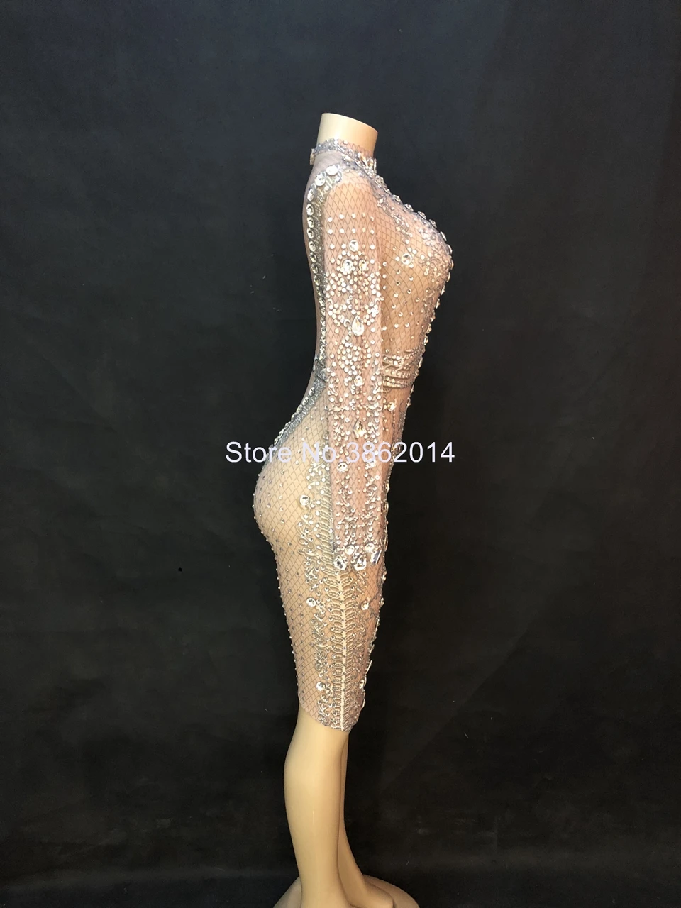 Sparkly Silver Crystals Mesh Dress Women Evening Birthday Prom Party Dresses Sexy Club Outfit Singer Stage Performance Costume |