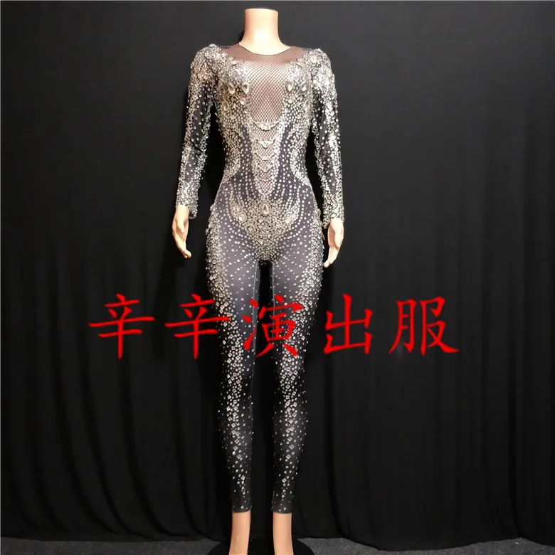 

Black Rhinestones Pearls Jumpsuit Bar Dance Clothing Stretch Bodysuit Leggings Nightclub DJ Female Singer Show Costume Outfit