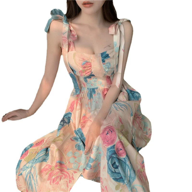 

Женское длинное Платье на бретельках, Летнее Платье из полиэстера с плотным плечевым ремнем и цветочным принтом в стиле ретро, 2021