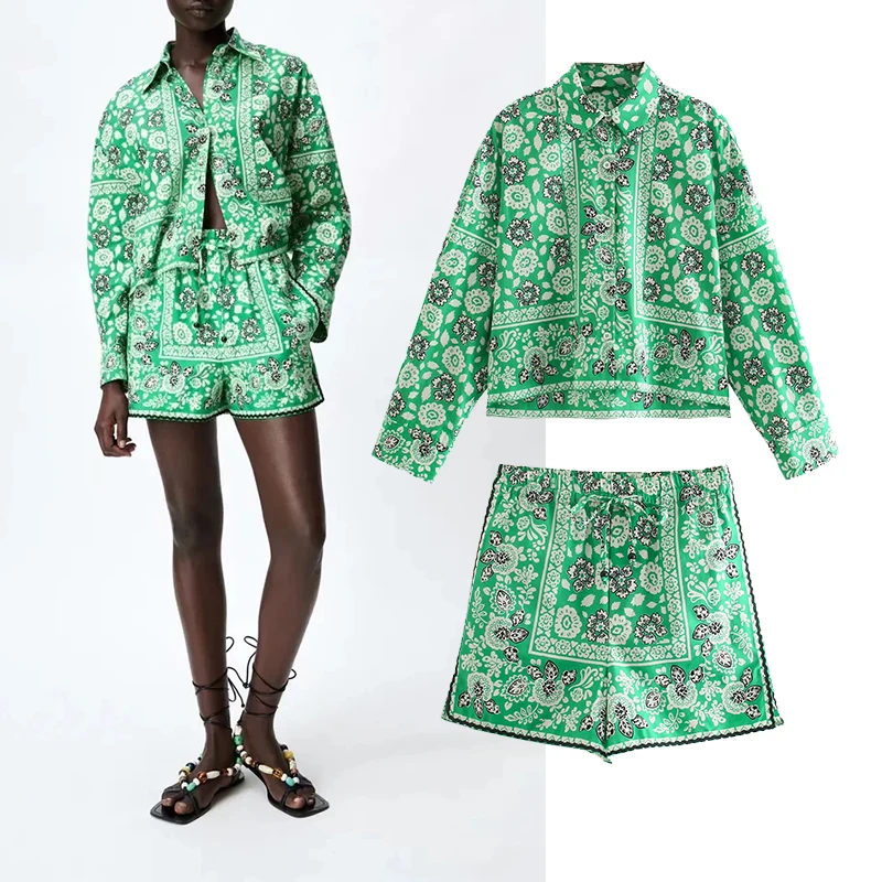 

Za Women Fashion Chic Top Green Print Long Sleeve Short Blouses And Shorts High Waist 2 Piece Set Female Shirts Suit