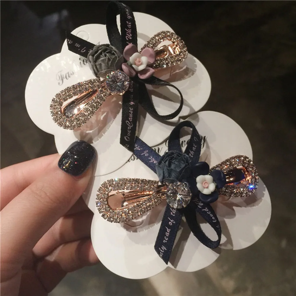 Корейский Модный цветочный зажим для волос со стразами и бантом блестящие стразы