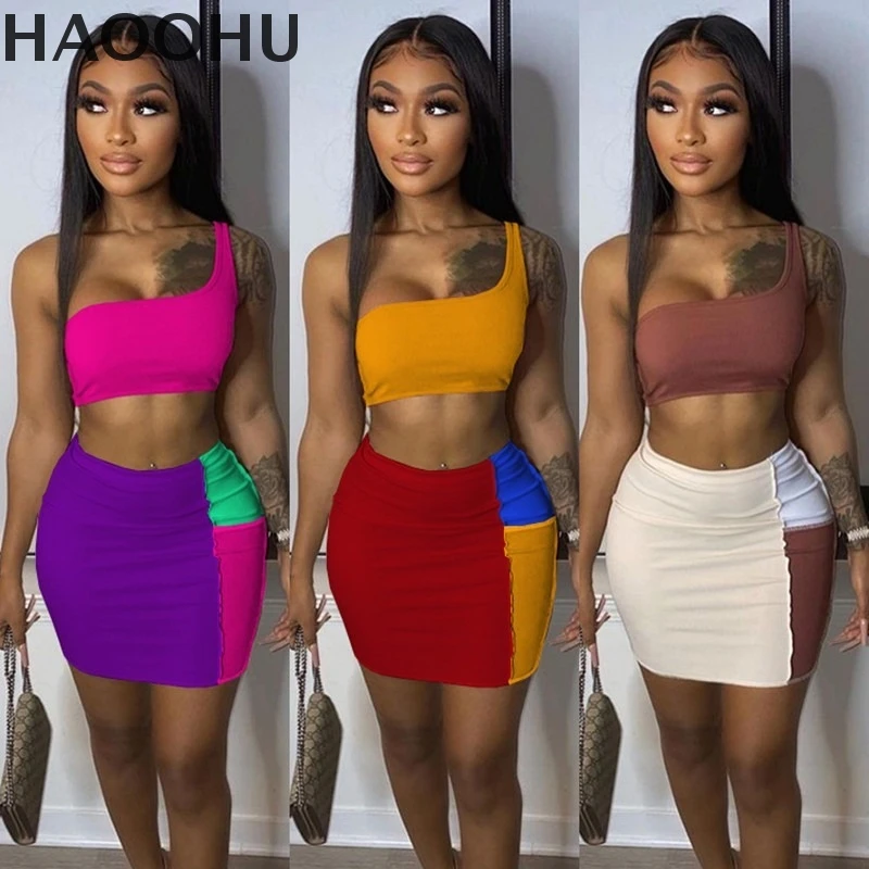 

Woman Adogirl Colorful Patchwork Two Piece Set Dress One Shoulder Crop Tank Top And Bodycon Mini Skirt Clubwear Matching Sets