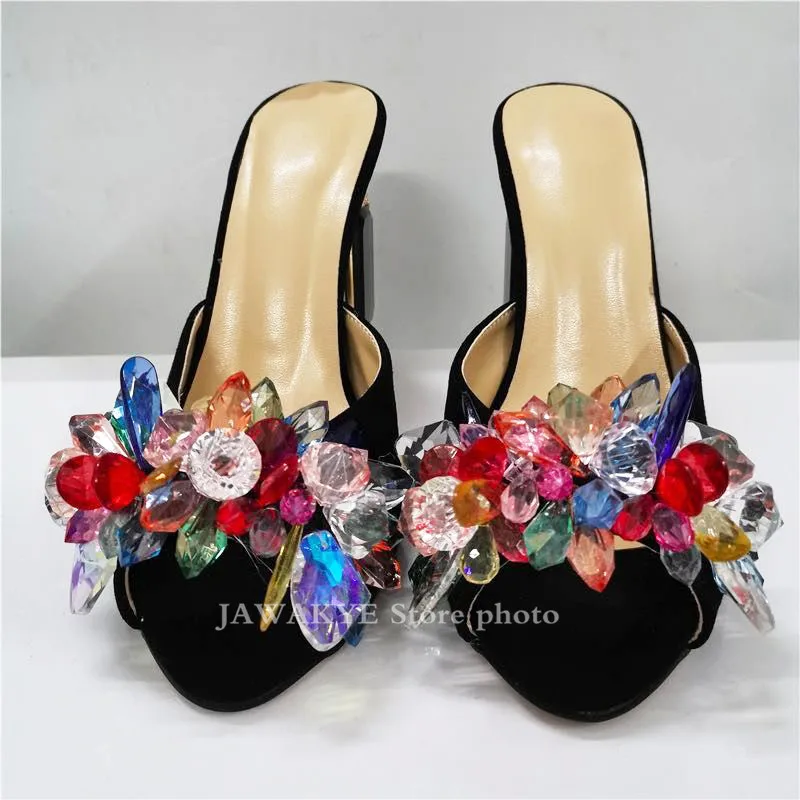 Новинка Роскошные летние шлепанцы на высоком массивном каблуке с драгоценными