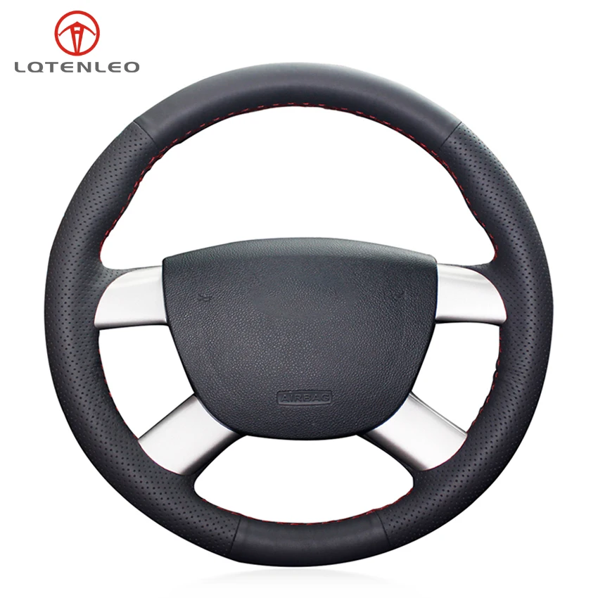 

LQTENLEO Black Genuine Leather Steering Wheel Cover For Ford Kuga 2008-2011 Focus 2 2005-2011 Focus 3 2012-2014 C-MAX 2007-2010