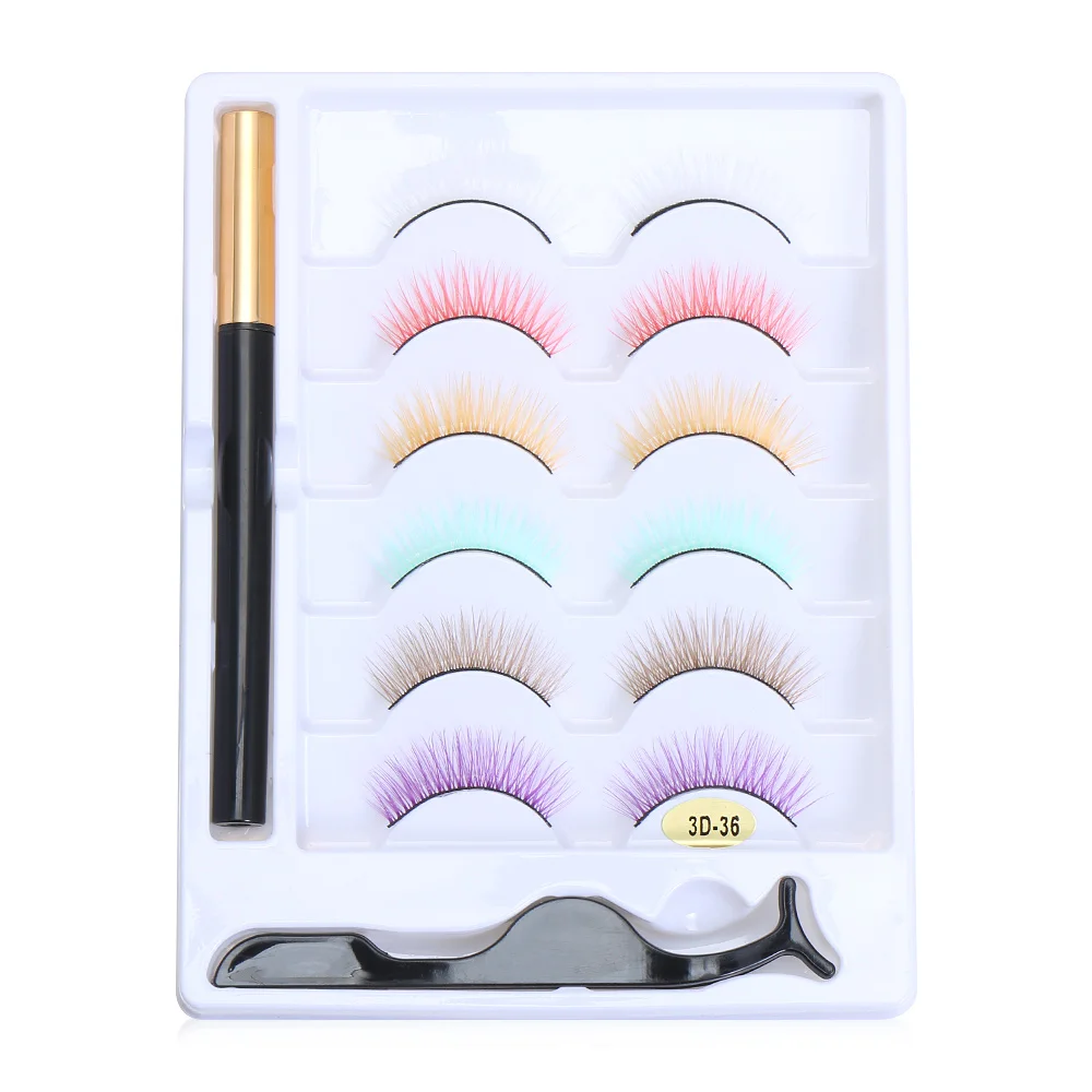 

6 Pairs Colorful False Eyelashes with Liquid Eyeliner Self Adhesive Kit No Glue Needed Waterproof Long-lasting Lashes Makeup Set
