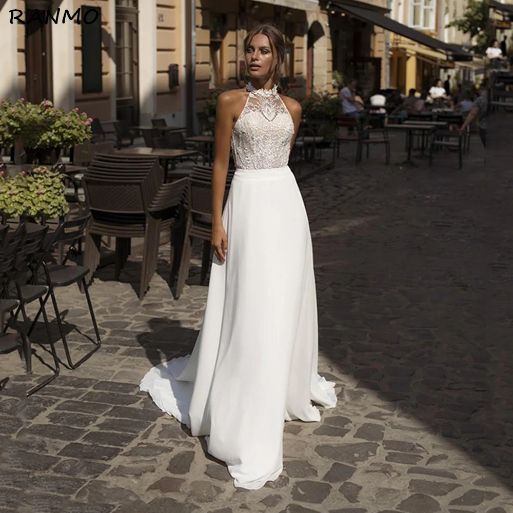 

Sexy White Simple Wedding Dress High Split Skirt Jewel Neck Chiffon Boho Bridal Dress Beach Wedding Gowns Plus Size