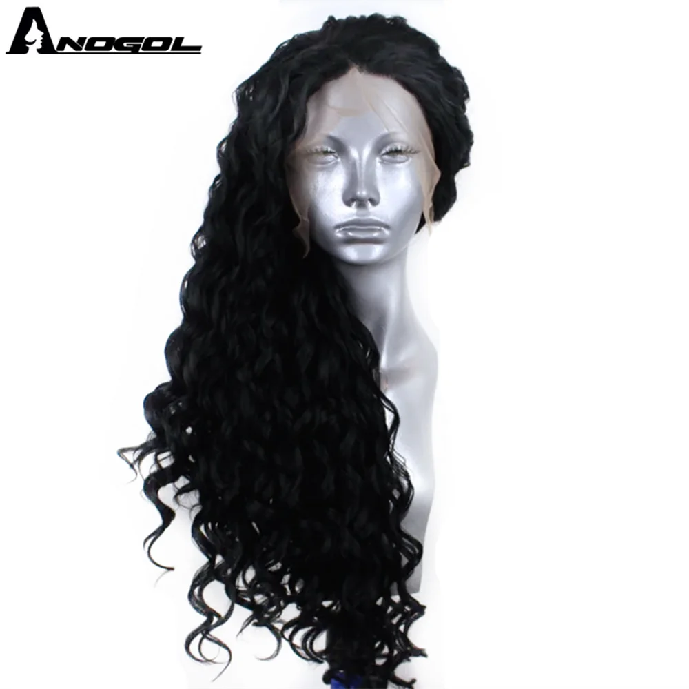 Аногол черный синтетический кружевной передний парик афро длинный кудрявый с