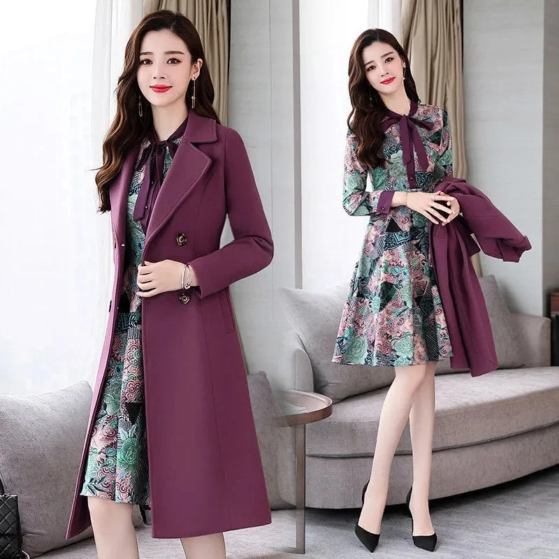 Элегантный шерстяной Тренч средней длины + платья с принтом женская одежда из 2