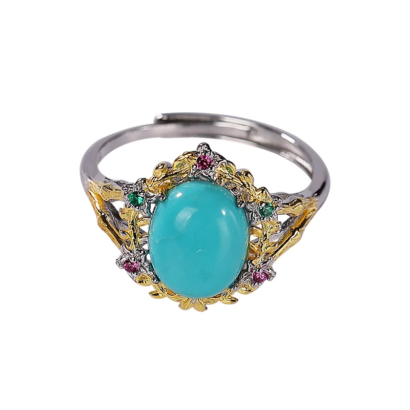 S925 sterling silver gold-plated turquoise ring personality affordable luxury fashion flower Oval Women's Open ring