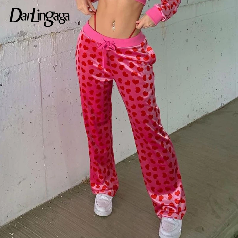 

Darlingaga Fashion Pink Heart Print Velour Women Pants Vintage Streetwear Straight Trousers Sweatpants Drawstring Long Pants New