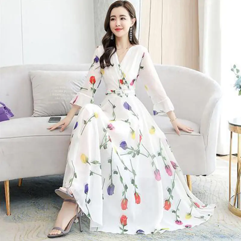 

2021 Women Spring Summer Vintage Dresses Female Print V-neck Long Sleeve Pleated Dress Ladies Casual Loose Oversize Vestidos J63