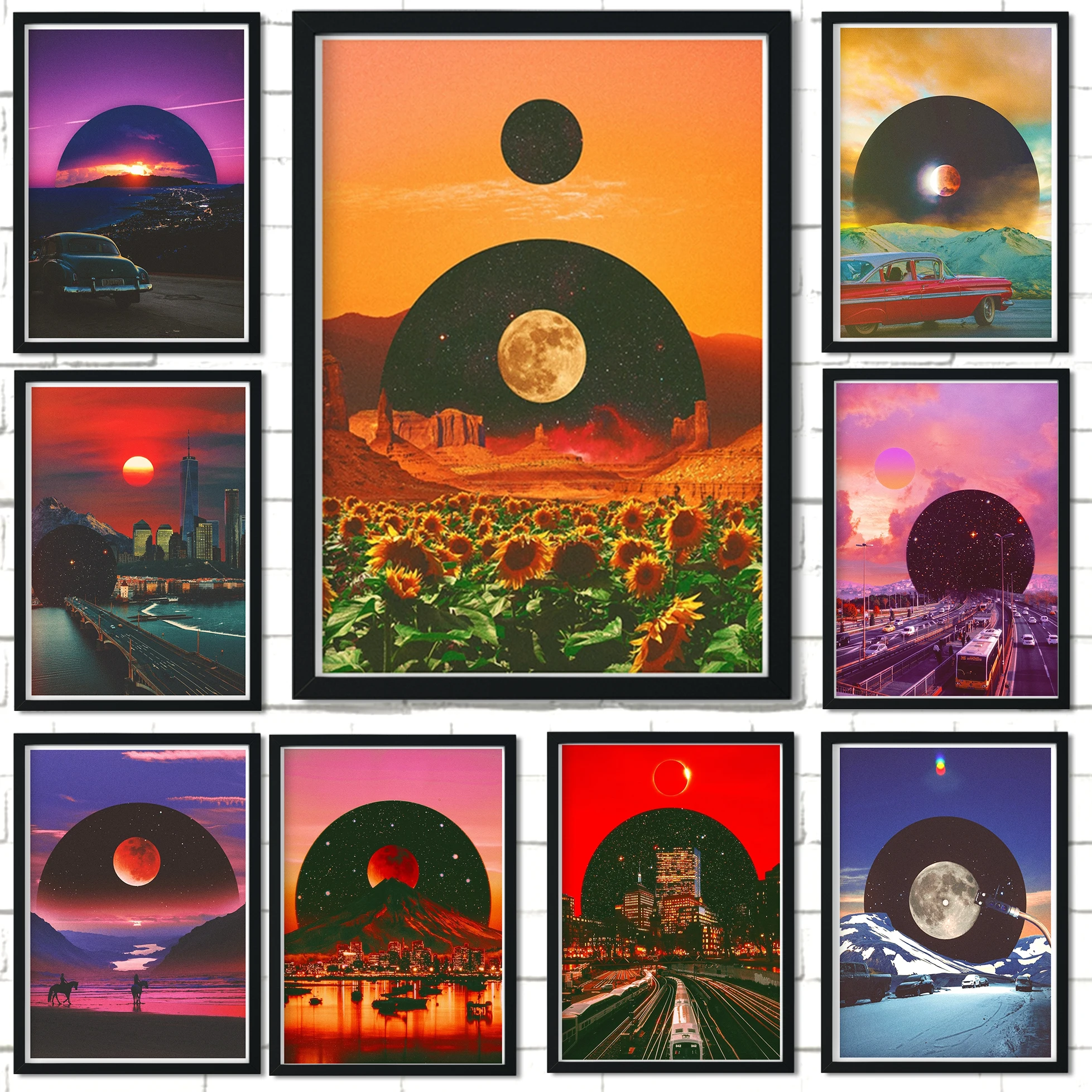 Неоновый постер С закатом винтажный автомобиль 80-х годов волшебный ночной город