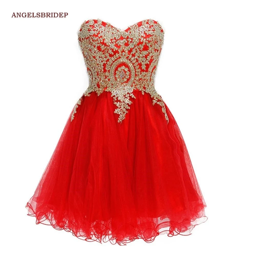 

ANGELSBRIDEP Sweetheart Short Homecoming Dresses Luxury Gold Appliques Tulle Graduation Formal Party Gowns Hot Sale