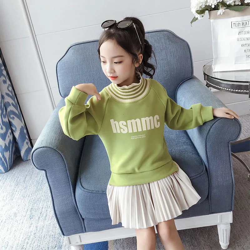 Green Sweatshirt Детская зимняя одежда; Roupa Infantil Menina; свитер для девочек; платье с флисовой подкладкой; теплое платье-рубашка с эластичным воротником в рубчик; плиссированная нижняя часть - Цвет: Green Sweatshirt