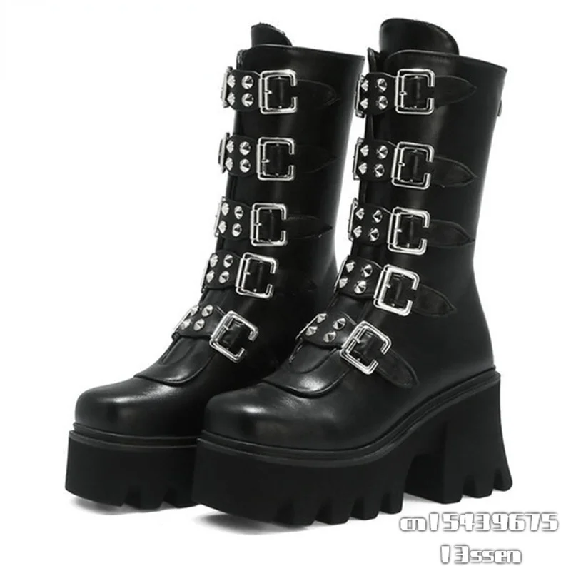 

Punk Goth Style Women Platform Boots Round Toe Buckle Strap Back Zipper Mid Calf Woman Demonia Boots For Autumn Winter