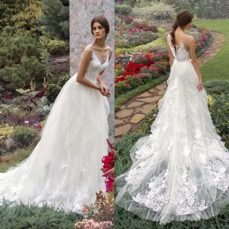

2021 Wedding Dresses Jewel Sleeveless Lace Appliques Bridal Gowns Gorgeous Backless Sweep Train Boho A Line Wedding Dress