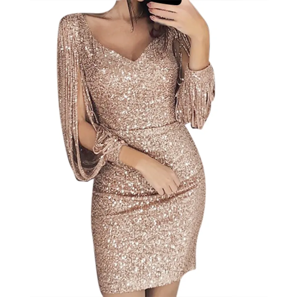 

Women Sexy Solid Sequined Stitching Shining Club Sheath Long Sleeved Mini Temperament Dress Women Vestidos De Robe Femme 2021