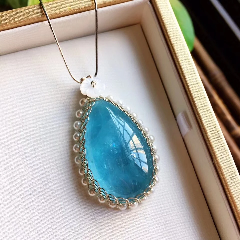 Натуральный Синий Аквамарин для женщин и мужчин подвеска с прозрачными бусинами