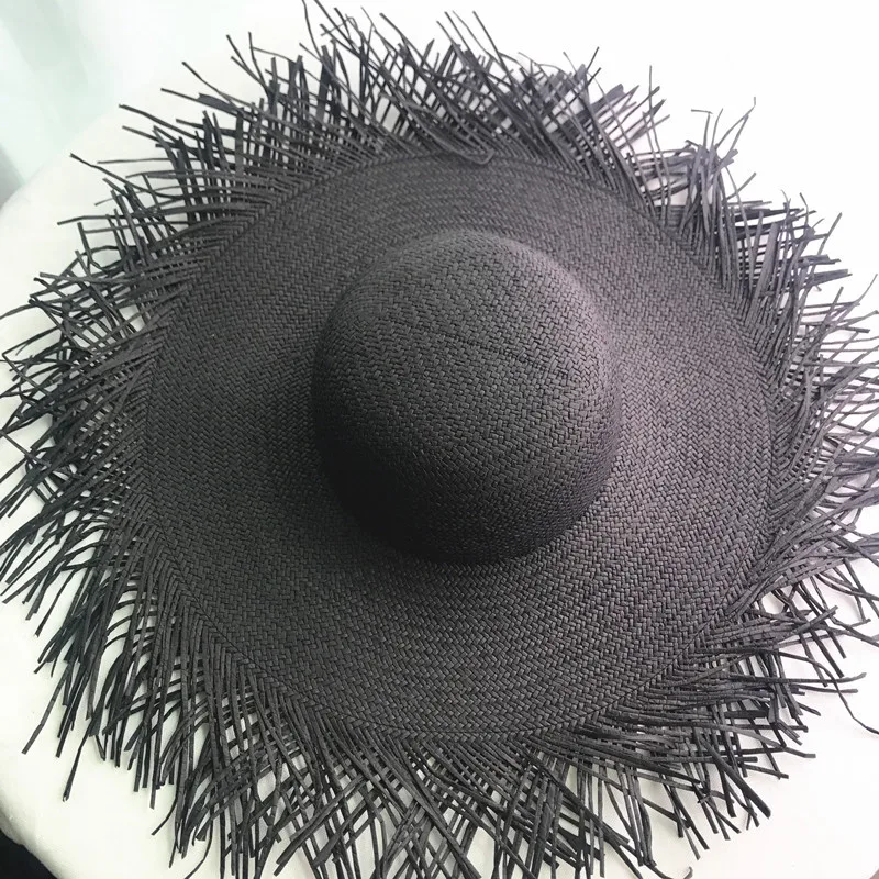

2020 new all-match sun-proof sun-proof frayed flat top big brim straw hat beach travel sun protection straw hat
