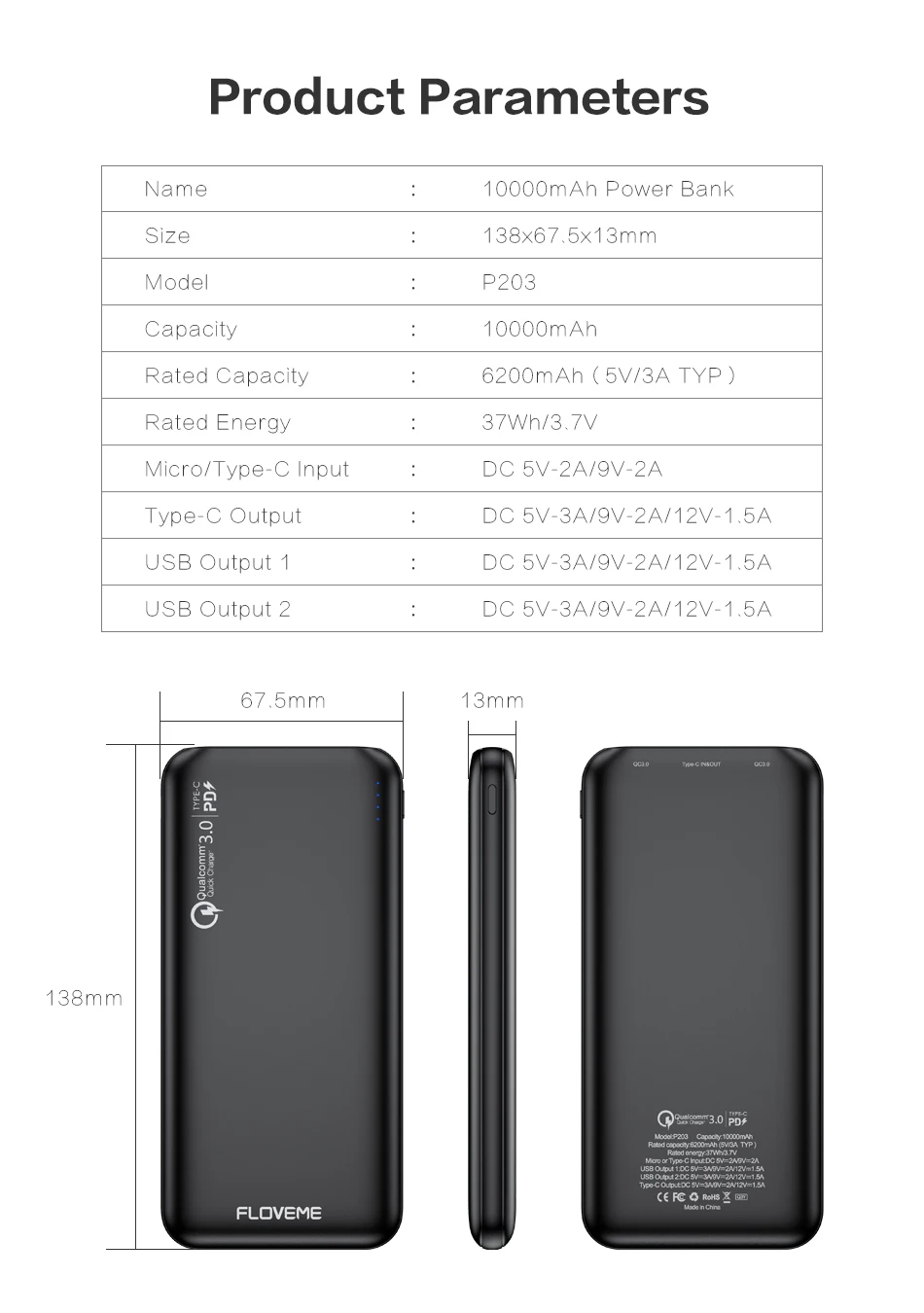 FLOVEME QC 3,0 внешний аккумулятор 10000 мАч двойная USB быстрая зарядка для Xiaomi Внешний аккумулятор 10000 мАч Внешний аккумулятор портативное зарядное устройство