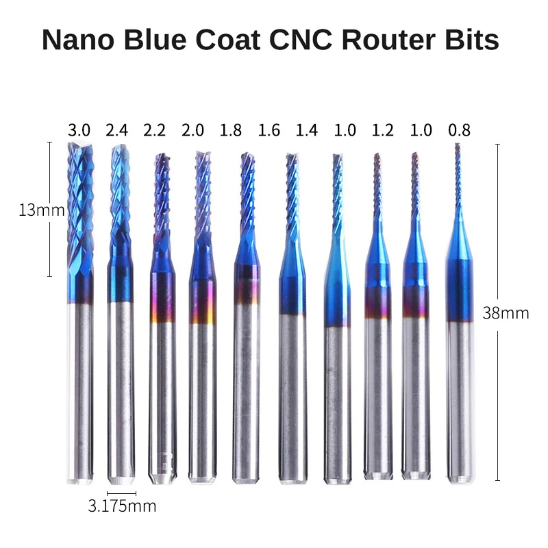 

10pcs 3.175 Shank Nano Blue/Titanium Coated CNC End Mills Carbide Milling Cutter CNC Router Bit PCB Milling Cutter