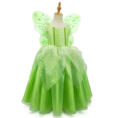 Костюм принцессы с крыльями фея Динь-Динь, зеленый, для Хэллоуина