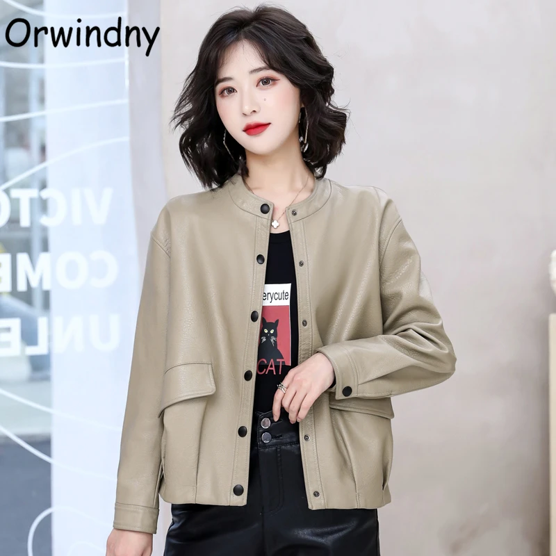

Orwindny Casual Leather Jacket Female Button Khaki Leather Coat O-Neck Spring Clothing 4XL Office Lady Suede
