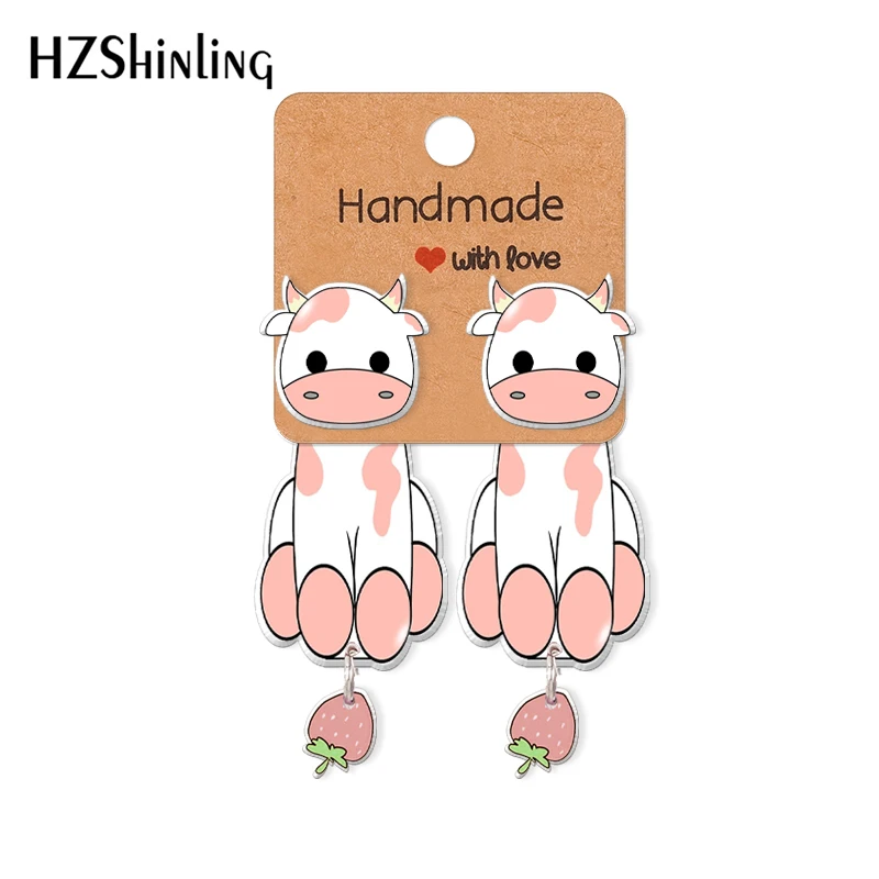 2021 New Cute Strawberry Cow Acrylic Stud Earring Dairy Cows Epoxys Resin Jewelry Handmade Items Gifts Girl