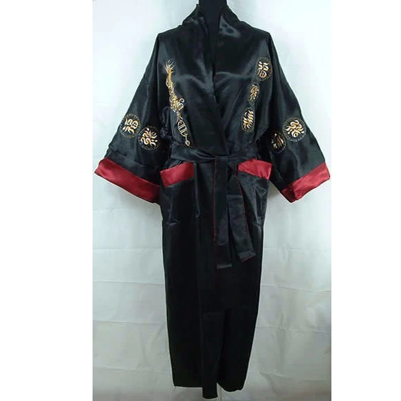 Двустороннее черное/бордовое мужское атласное шелковое кимоно платье Китайская традиционная вышивка бандаж для пижамы Халат Один размер ... от AliExpress RU&CIS NEW