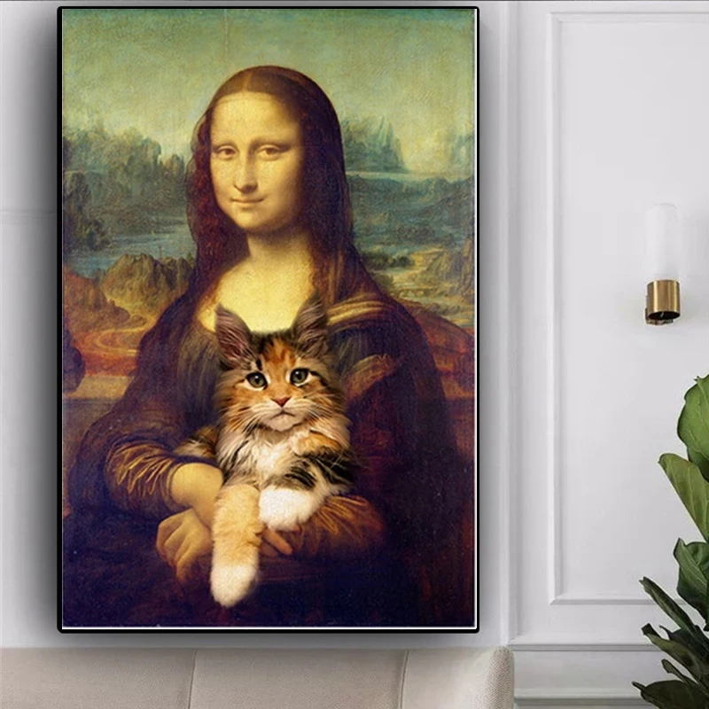 

Diamond Painting DIY Cross Stitch Kits Funny Art Mona Lisa Holding A Cat 5D Diamond Embroidery Full Drill Mosaic Painting Decor