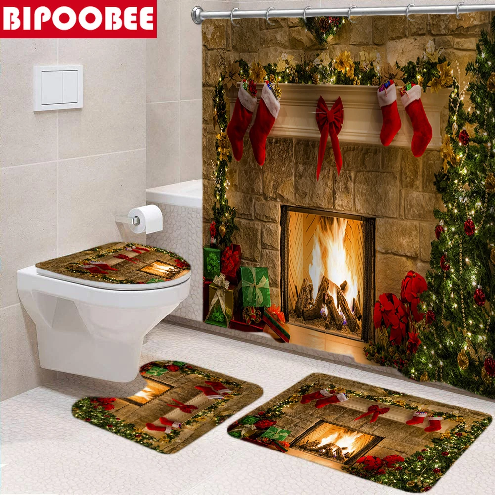 

Merry Christmas Print Shower Curtains 3D Xmas Fireplace Anti-slip Carpet Toilet Cover Bath Mats Fabric Festival Bathroom Curtain